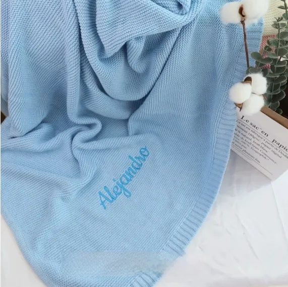 Personalized Knitted Cotton Baby Blanket Sky Blue - Shop at LoveMi