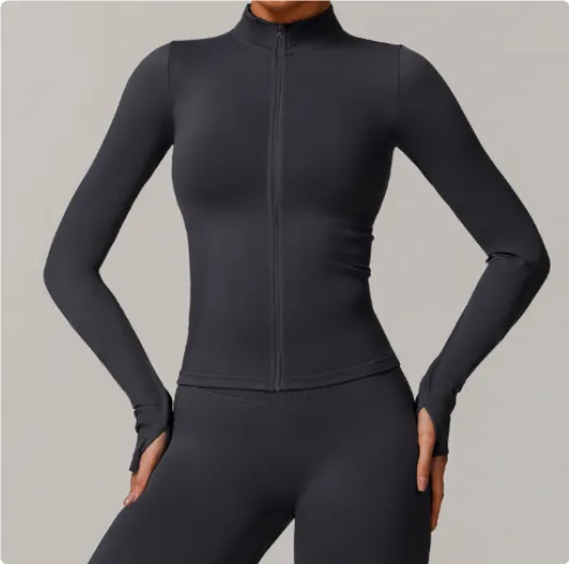 Stand Collar Zipper Yoga Clothes Warm Top Sports Running Jacket Dark Grey - Shop at LoveMi