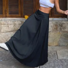 Leisure Multifunctional Solid Colour A-line Long Skirt - Navy Blue - View 1