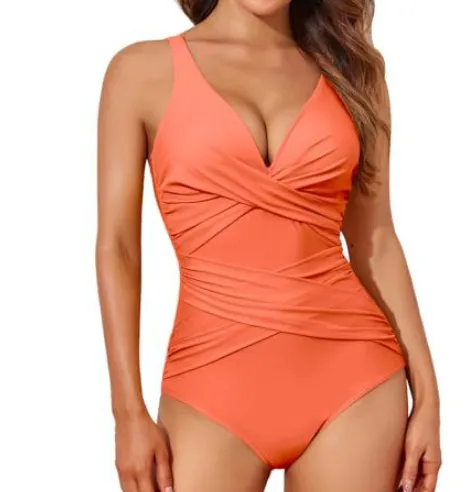 Women One piece Slim Fit One piece Swimsuit Orange - Shop at LoveMi