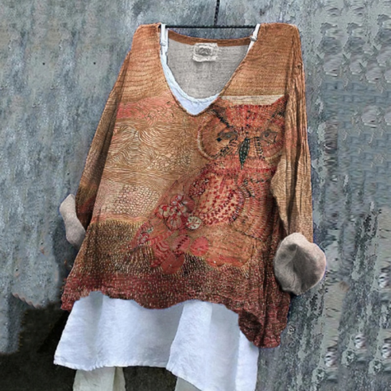 Women's Vintage Owl Pattern Print Cotton And Linen Shirt