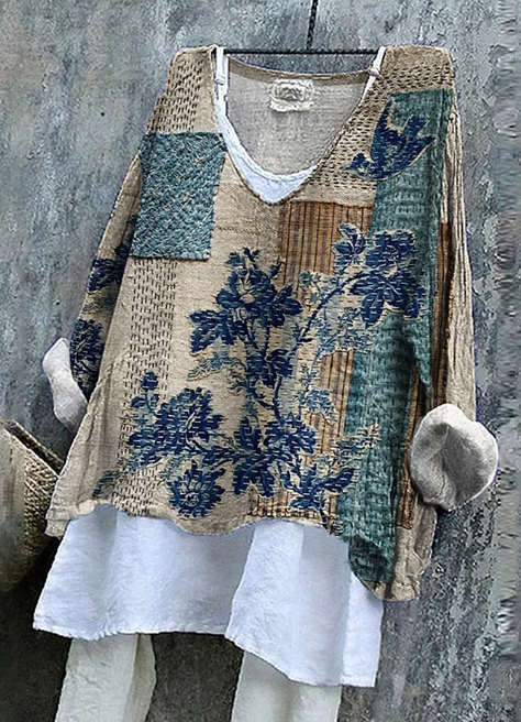 Floral Japanese Art Linen Blend Long-sleeve Top