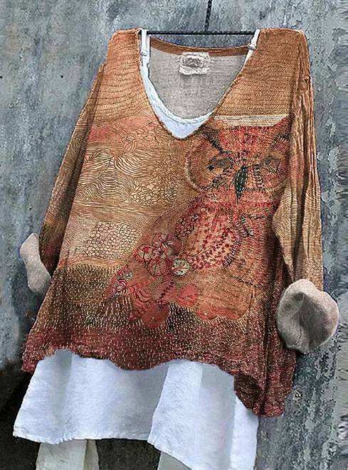 Women's Vintage Owl Pattern Print Cotton And Linen Shirt Muticolor - Shop at LoveMi