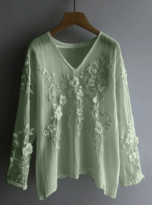 Vintage Floral Lace Comfy Long Sleeve Long sleeve Top Green - Shop at LoveMi