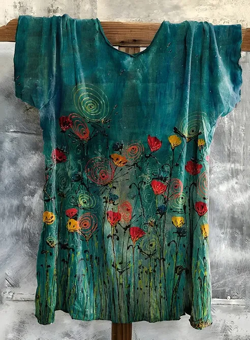 Vintage Floral Art Cotton T shirt Green - Shop at LoveMi