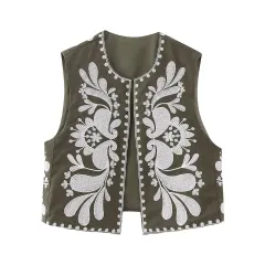 European And American Women's Clothing Sleeveless Embroidered Vest Women's Top - Brown - View 1