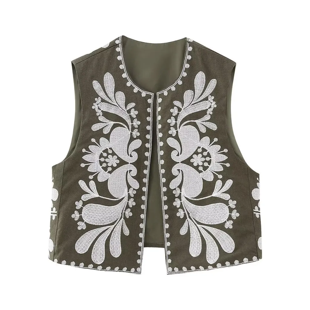 European And American Women's Clothing Sleeveless Embroidered Vest Women's Top - Brown