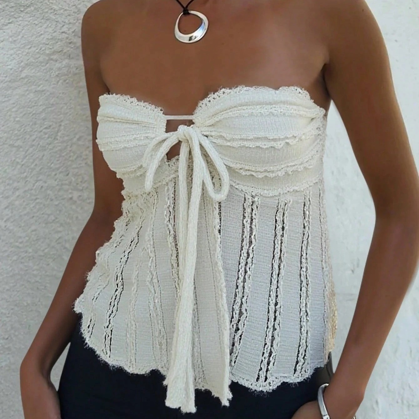 Women's Solid Color Cold Shoulder Lace Up Front Pleated Textured Top