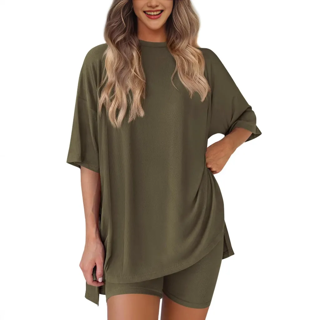 New Loose Fashion Solid Colour Casual Two-piece Suit - Army Green