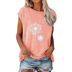 Colored Cotton Round Neck Loose Off-the-shoulder Printed Short Sleeve T-shirt - Pink - View 1