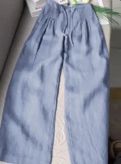 Drawstring Linen Casual Pants Women's Straight Wide-leg Pants - Light Blue - View 1
