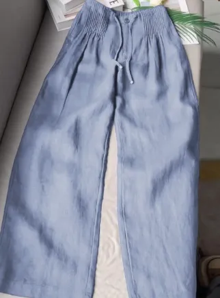 Drawstring Linen Casual Pants Women's Straight Wide leg Pants Light Blue - Shop at LoveMi