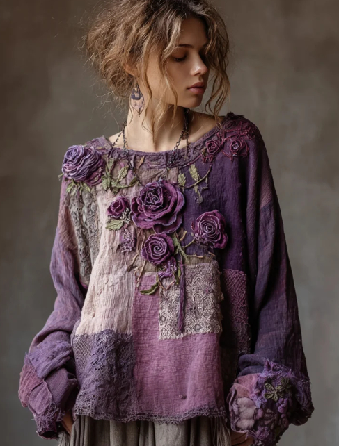 Vintage Purple Roses Boho Lace Patchwork Linen Blouses