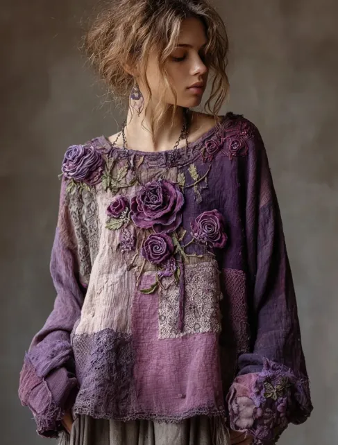 Vintage Purple Roses Boho Lace Patchwork Linen Blouses Purple - Shop at LoveMi