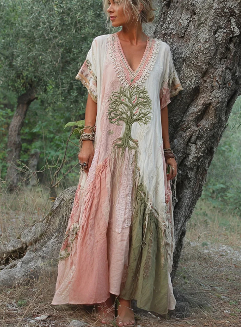 Women's Retro Tree Of Life Art Patchwork Short Sleeve Maxi Dress