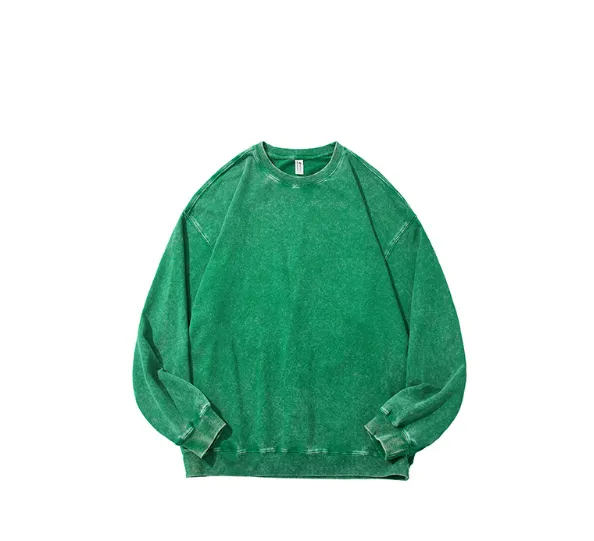 Sweater Cotton Washed Old Round Neck Long Sleeve Top Grass Green - Shop at LoveMi