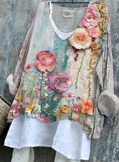 Women's Vintage Flower Pattern Print Cotton And Linen Shirt Muticolor - Shop at LoveMi