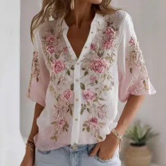 Women's Vintage Romantic Floral Print V-Neck Top - Pink - View 1