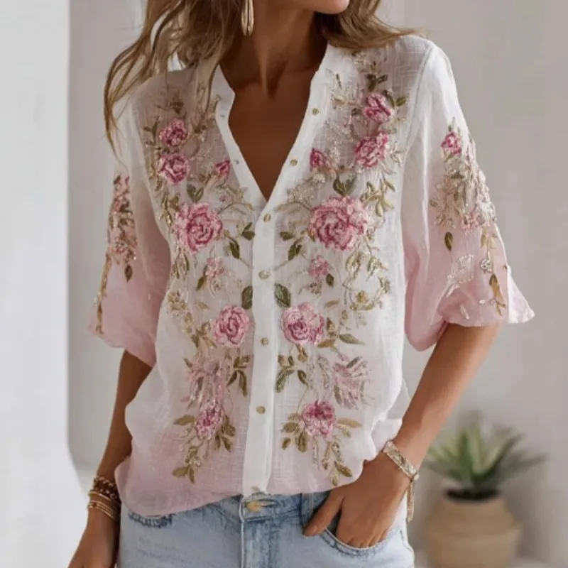 Women's Vintage Romantic Floral Print V-Neck Top - Pink
