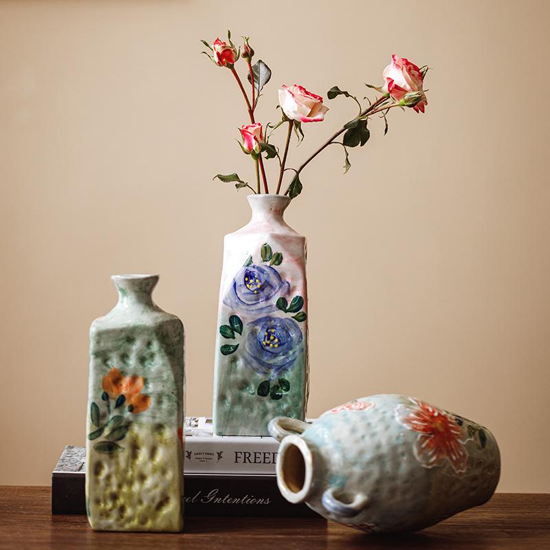 Hand-painted Ceramic Binaural Vase Creative Flower Arrangement Square Flower Living Room