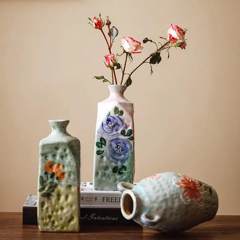 Hand-painted Ceramic Binaural Vase Creative Flower Arrangement Square Flower Living Room