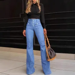 Women's Patchwork Jeans Slim Fit Slimming Stretch Flared Pants - Light Blue - View 1