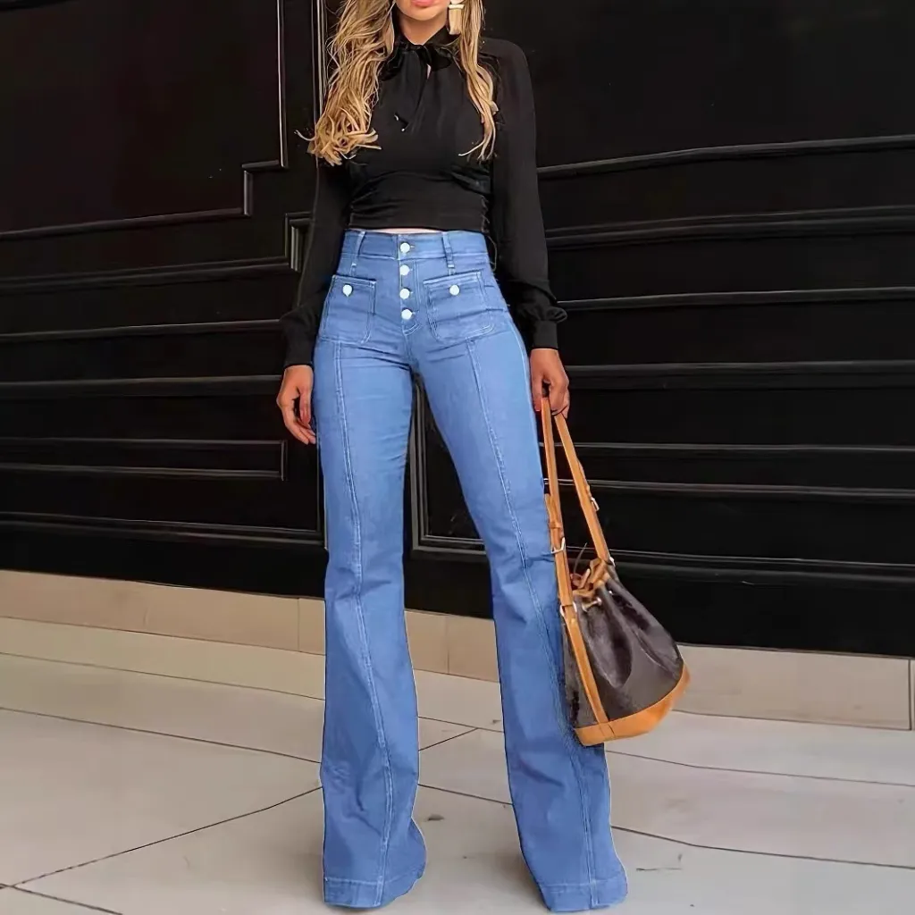 Women's Patchwork Jeans Slim Fit Slimming Stretch Flared Pants - Light Blue