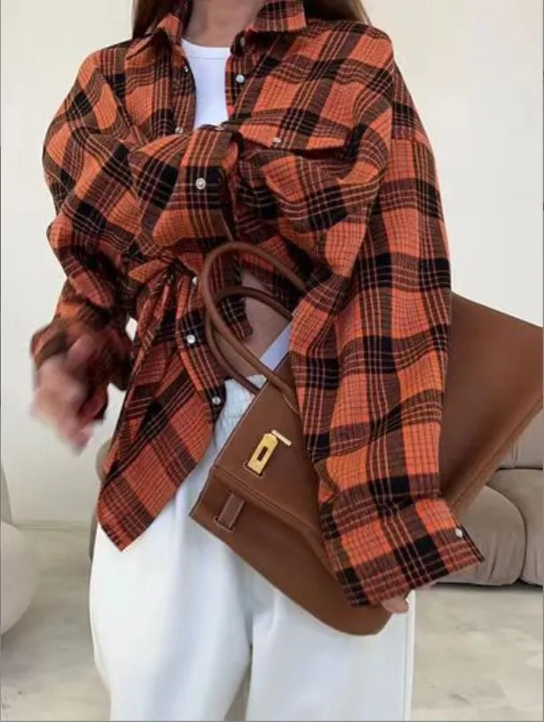 Retro Lapels Loose Shirt Plaid Long Sleeve Pocket Women's Shirt Earthy Yellow - Shop at LoveMi