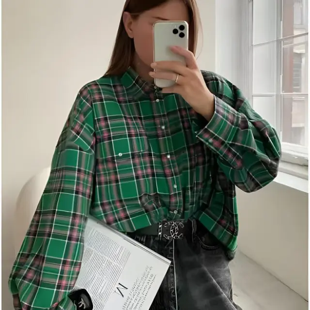 Retro Lapels Loose Shirt Plaid Long Sleeve Pocket Women's Shirt Ocean Green - Shop at LoveMi