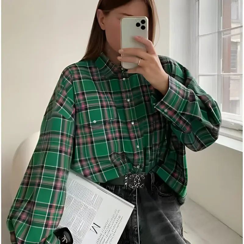 Retro Lapels Loose Shirt Plaid Long Sleeve Pocket Women's Shirt - Ocean Green