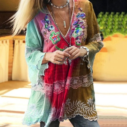 Vintage Boho Colorful Floral Color Block Patchwork Linen V-neck Blouses