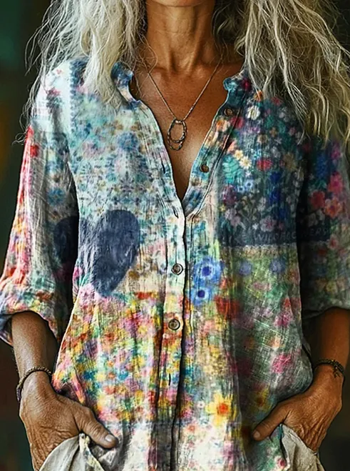 Women's Retro Pattern Print Casual Cotton Linen Shirt Light Blue - Shop at LoveMi