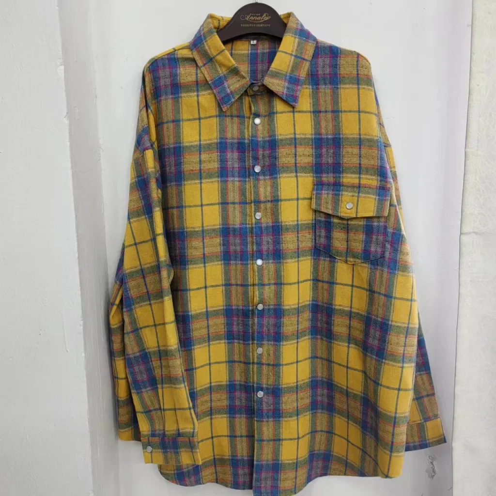 Retro Lapels Loose Shirt Plaid Long Sleeve Pocket Women's Shirt - Sunflower Color-M