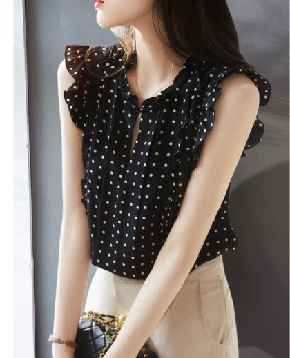 Sleeveless Ruffled Floral Women's Loose Sweet Chiffon Printed Top Black - Shop at LoveMi