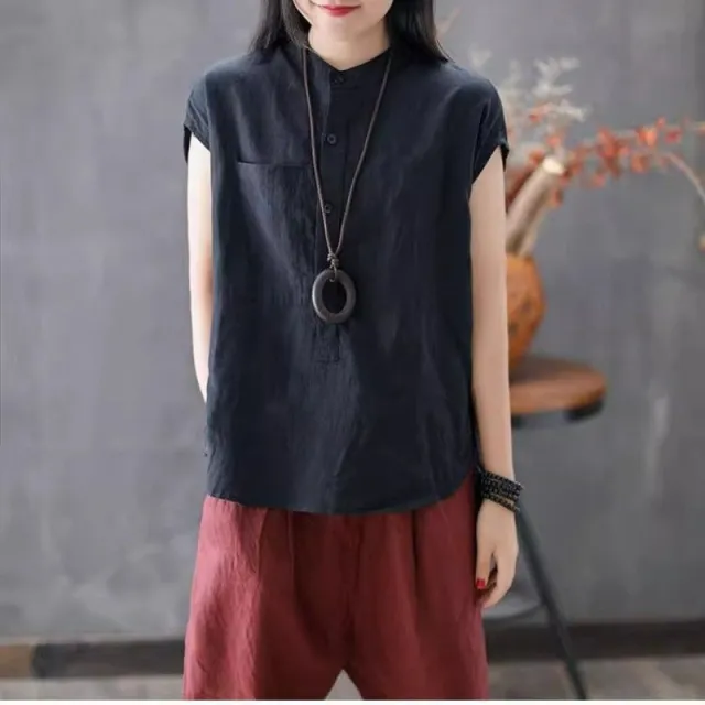 Cotton Linen Short Sleeved Shirt Navy - Shop at LoveMi