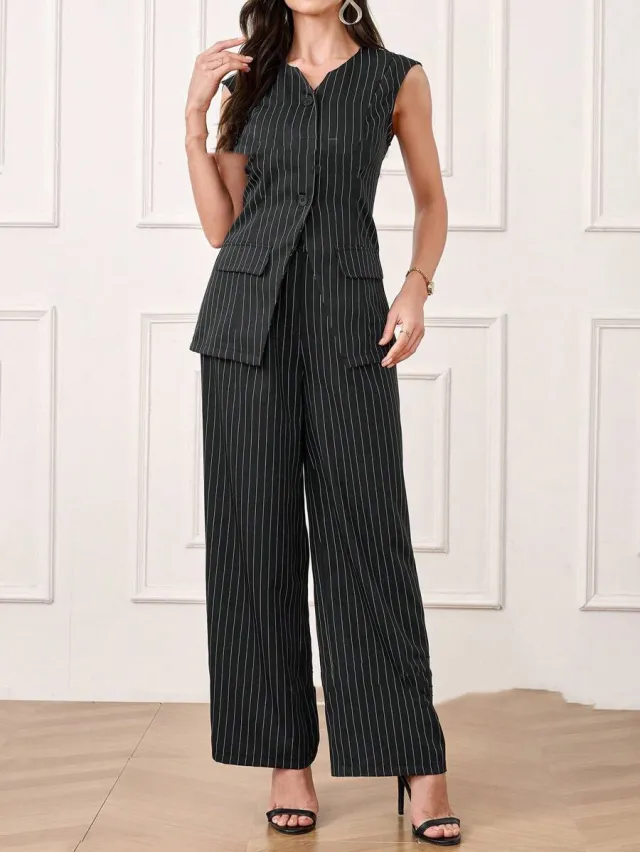 Casual Striped Short Style Lapel Suit Straight leg Pants Suit Black - Shop at LoveMi