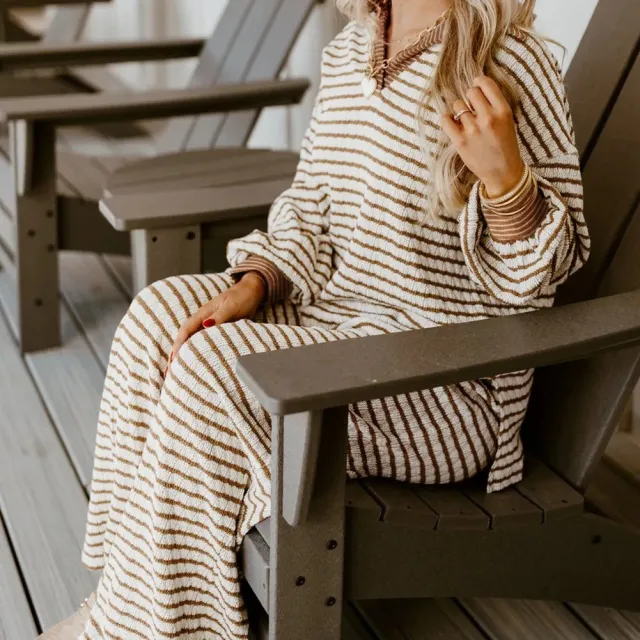 Khaki Stripe Collared Pullover Top And Drawstring Pant Set Khaki Stripe - Shop at LoveMi