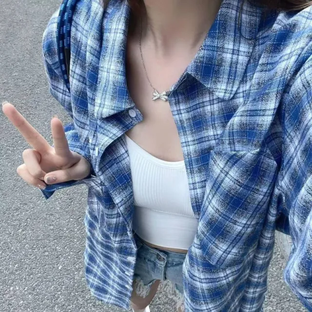 Fashionable Personalized Plaid Shirt For Women Blue - Shop at LoveMi