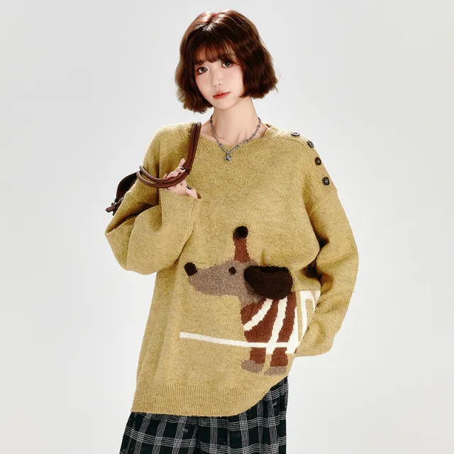 Retro Crew Neck Knitted Sweater Women's Loose Chic Top Khaki - Shop at LoveMi