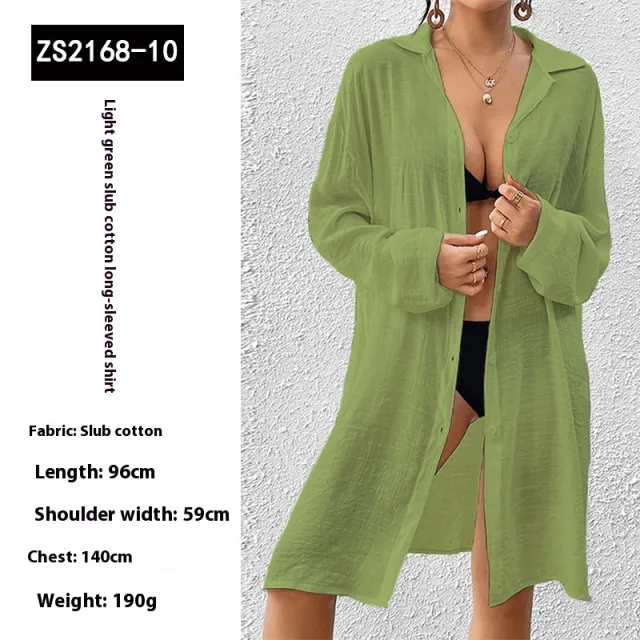 Tencel Slub Cotton Long sleeved Shirt For Women Zs2168 Light Green - Shop at LoveMi