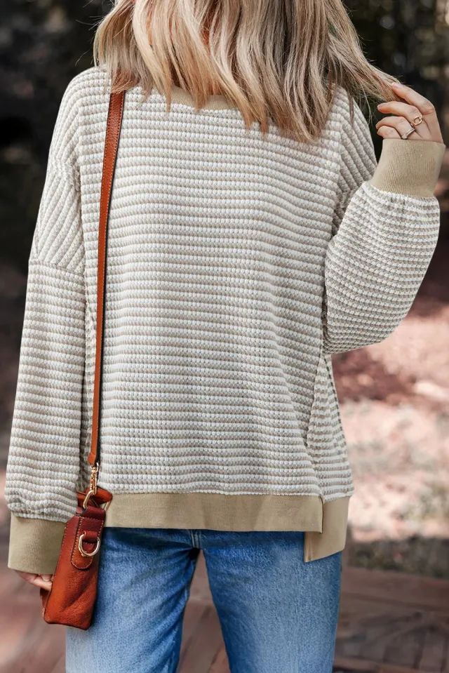 Brown Stripe Ribbed Trim Drop Shoulder Long Sleeve Oversize Top Brown - Shop at LoveMi