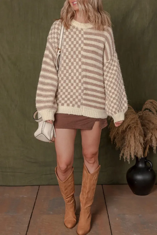 Khaki Stripe Checkerboard Drop Shoulder Balloon Sleeve Sweater Khaki Stripe - Shop at LoveMi