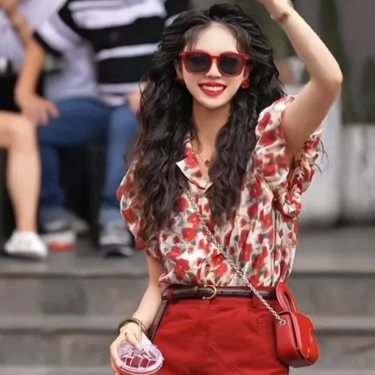 Style Retro Floral Shirt Summer Commute - Red Floral