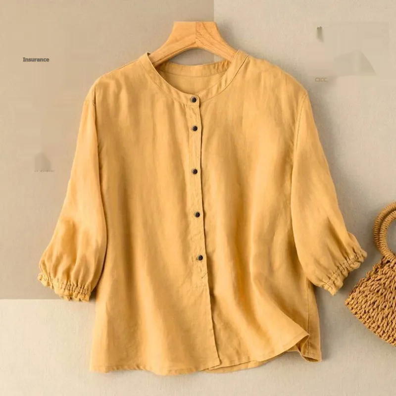 Half Sleeve Artistic Retro Women's Summer New Loose Women's Shirt - Yellow