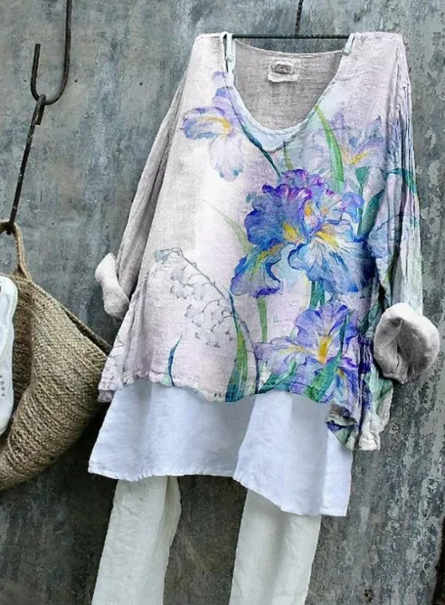 Women's Purple Flower Pattern Print Cotton And Linen Shirt Purple - Shop at LoveMi