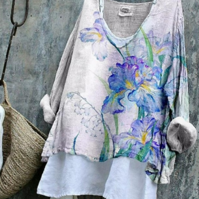 Women's Purple Flower Pattern Print Cotton And Linen Shirt