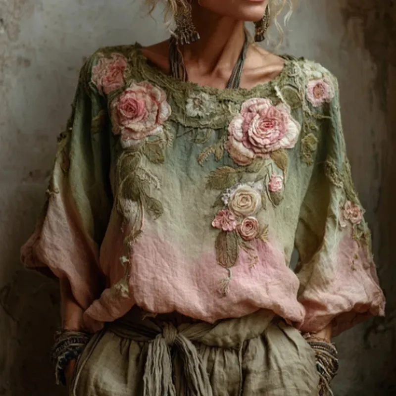 Vintage Roses Gradient Linen Blouses - Green
