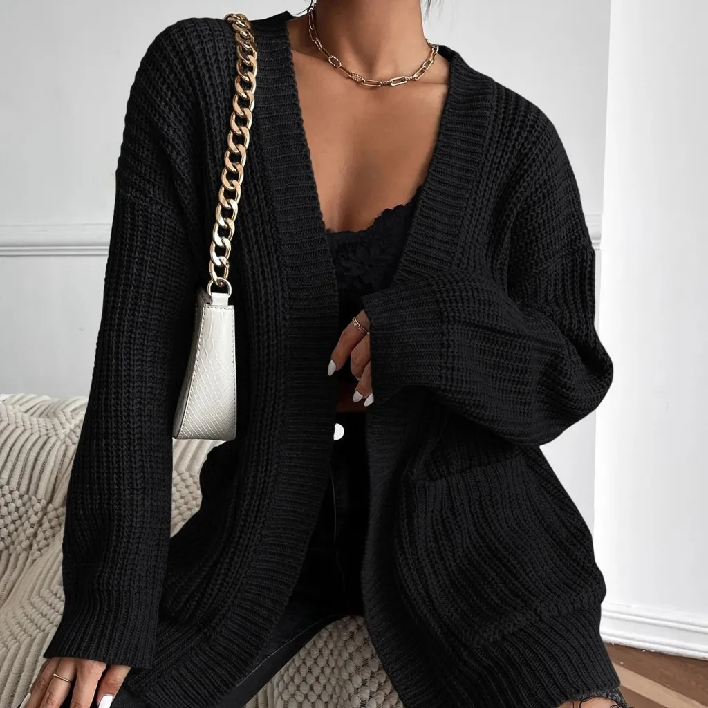 Chiquease Solid Dual Pockets Ribbed Knit Cardigan - Black