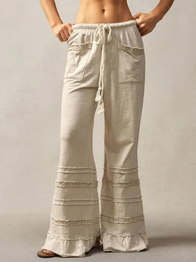 Solid Color High Waisted Flared Leg Knitted Pants Apricot - Shop at LoveMi