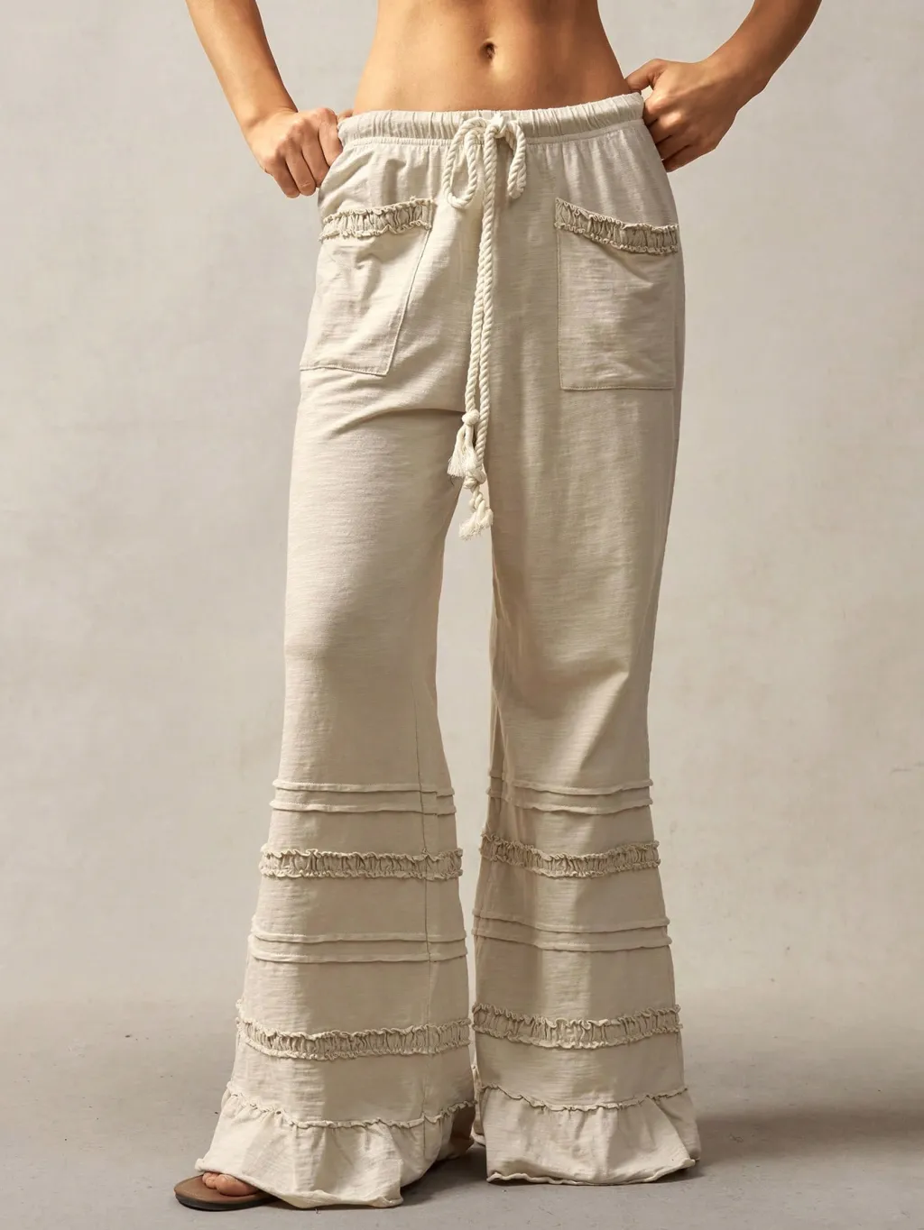 Solid Color High Waisted Flared Leg Knitted Pants - Apricot